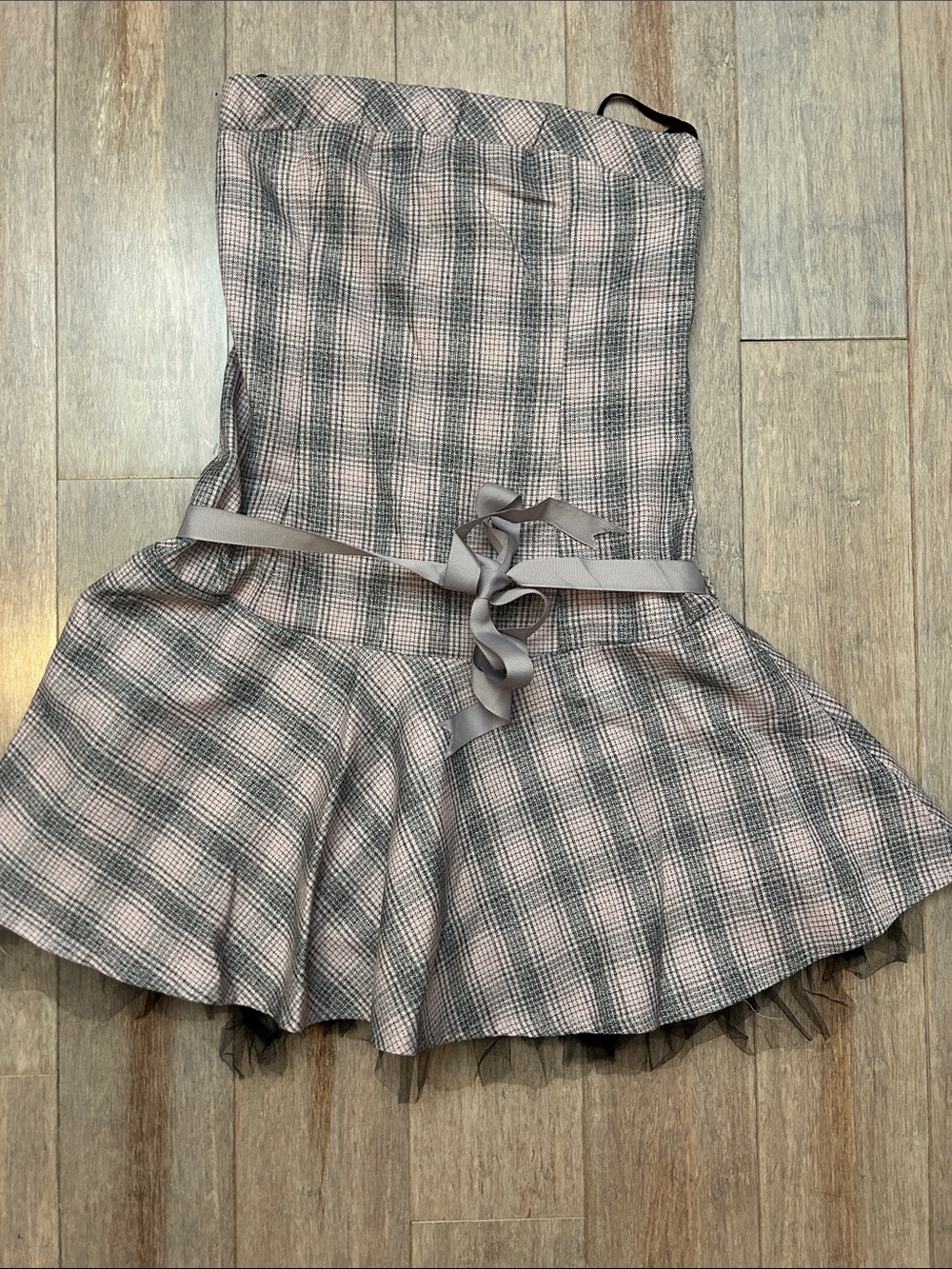 VTG Y2K Miss Me Pink and Gray Plaid Strapless Mini Dress with Bow tulle skirt S